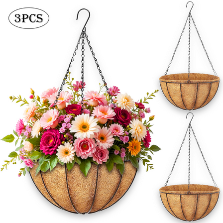 Diigabo 3-Pack Metal Hanging Planter 12-Inch Baskets Coconut Coir Liners Rustproof Iron Frame with Hook for Indoor Outdoor Porch Garden Décor
