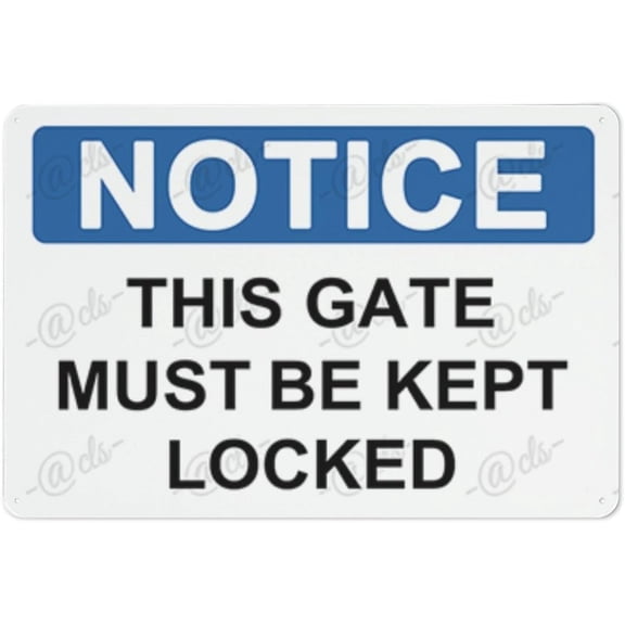 Metal Hanging Plate Horizontal THIS GATE MUST BE KEPT LOCKED, Rust Free With 4 Pre-drilled Holes Waterproof, Fade and Scratch Resistant - NOTICE SIGN Style 20x30cm