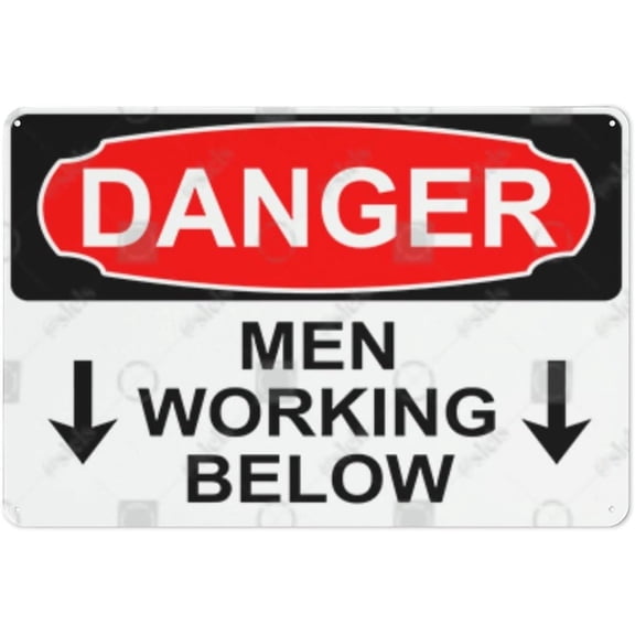 Metal Hanging Plate Horizontal Sign MEN WORKING BELOW ARROWS DOWN, Rust Free With 4 Pre-drilled Holes Waterproof, Fade and Scratch Resistant - DANGER SIGN Style 20x30cm