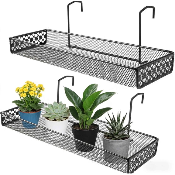 Metal Hanging Railing Planter Shelf Basket with Hooks, Balcony Plant Pot Shelf Holder Fence Flower Stand Basket for Patio Porch Fence and Balcony Decorate