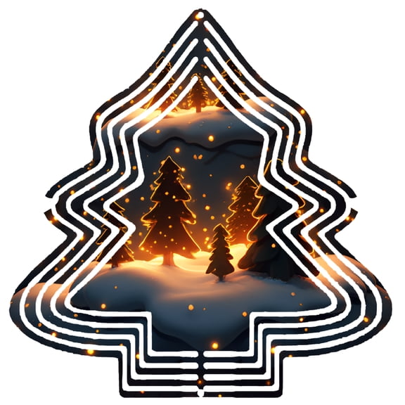 Metal Hanging Tree-Shaped Wind Spinner - Festive Garden Decoration with Concentric Glowing Lines & Silhouetted Pine Trees Design