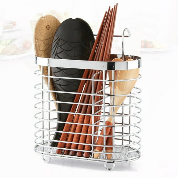 Metal Hanging Utensil Organizer Rack | Stainless Steel Chopsticks Spoon Fork Holder | Multi-Purpose Tableware Tube Cage | Kitchen Tool Storage | 15.9x7.8x19.2cm | Silver | 1 Pc