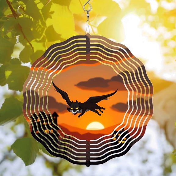 Metal Hanging Wind Spinner with Bat Design - Mesmerizing Circular Pattern for Yard and Garden Decor - Perfect for Dusk Aesthetics