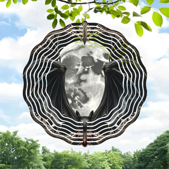 Metal Hanging Wind Spinner with Bat Motif Concentric Wavy Circles Moon & Cloud Background Intricate Feather Patterns for Garden Decor