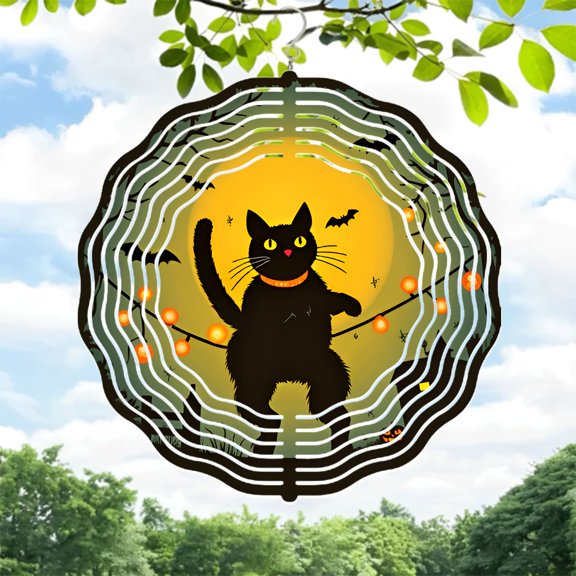 Metal Hanging Wind Spinner with Black Cat Orange Collar Yellow Moon & Bats - Spiraling Design for Yard & Garden Decor