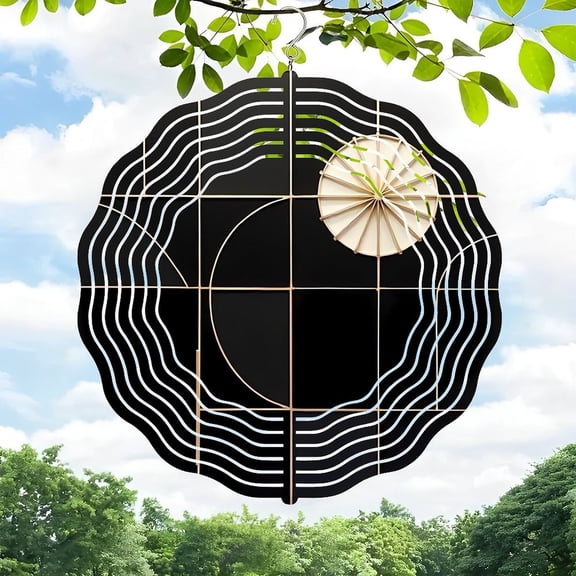 Metal Hanging Wind Spinner with Black Wave Patterns & Wooden Design - Elegant Wind Chime for Yard & Garden Decor