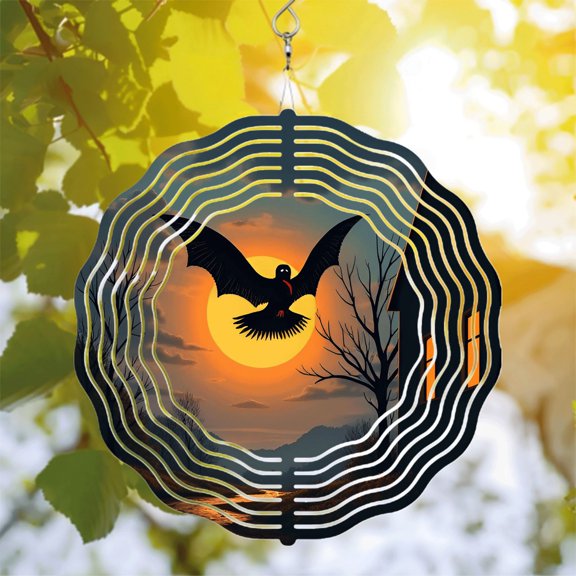 Metal Hanging Wind Spinner with Circular Pattern Design - Beautiful Black Bird Silhouette Against Sunset for Yard & Garden Decor