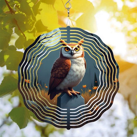 Metal Hanging Wind Spinner with Circular Pattern Design Owl Motif Perfect for Yard and Garden Decor Serene Nighttime Aesthetic