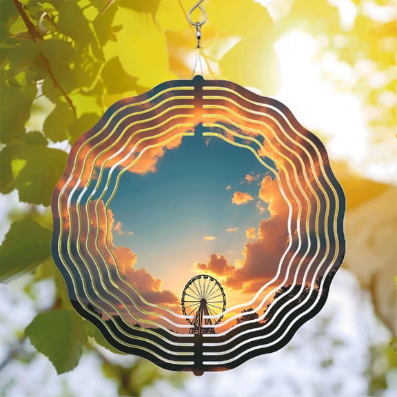 Metal Hanging Wind Spinner with Concentric Pattern Design - Beautiful Sunset Scene & Ferris Wheel Silhouette for Yard & Garden Decor