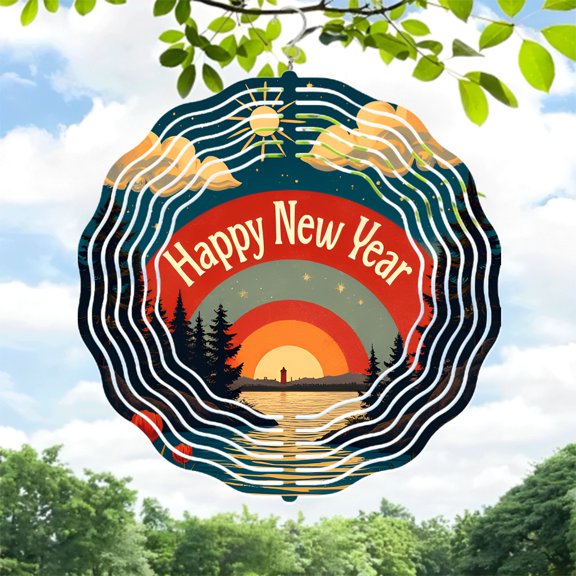 Metal Hanging Wind Spinner with Concentric Scenic Landscapes - Sun Pine Trees Water Reflection - Perfect for Yard & Garden Decor