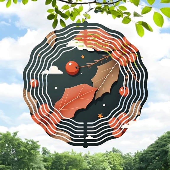 Metal Hanging Wind Spinner with Concentric Wave Pattern Autumn Leaves Design - Perfect for Yard & Garden Decor