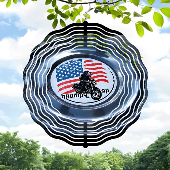 Metal Hanging Wind Spinner with Concentric Wave Patterns & Motorcycle Design American Flag Background - Perfect for Yard & Garden Decor