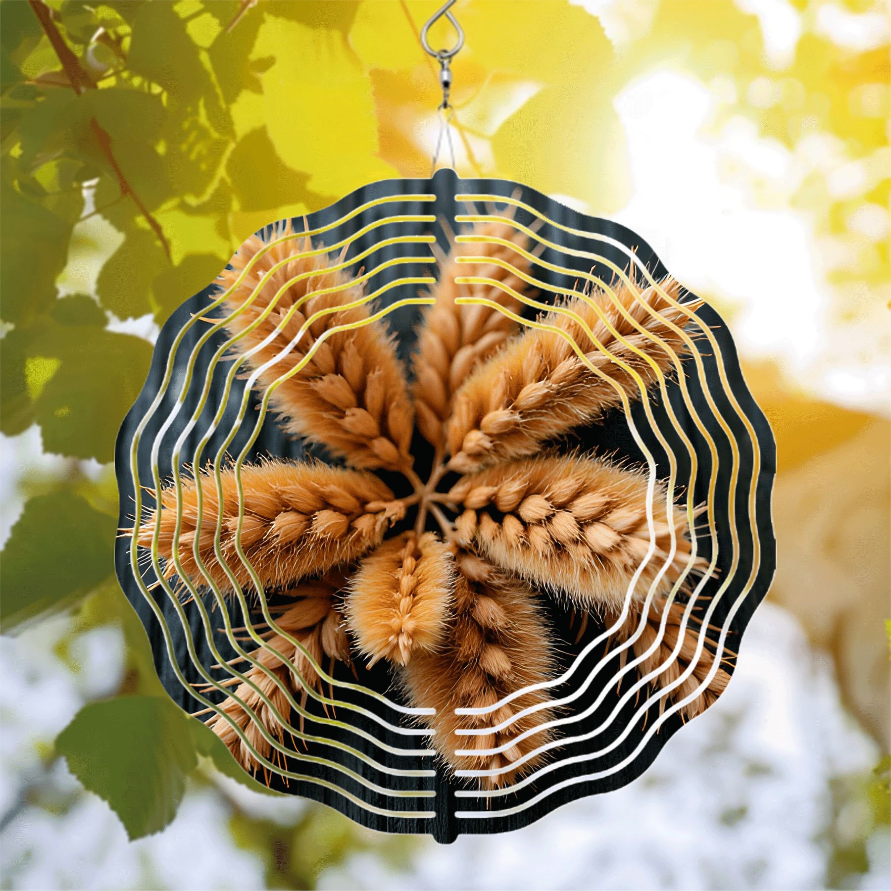 Metal Hanging Wind Spinner with Concentric White Lines & Golden - Brown ...