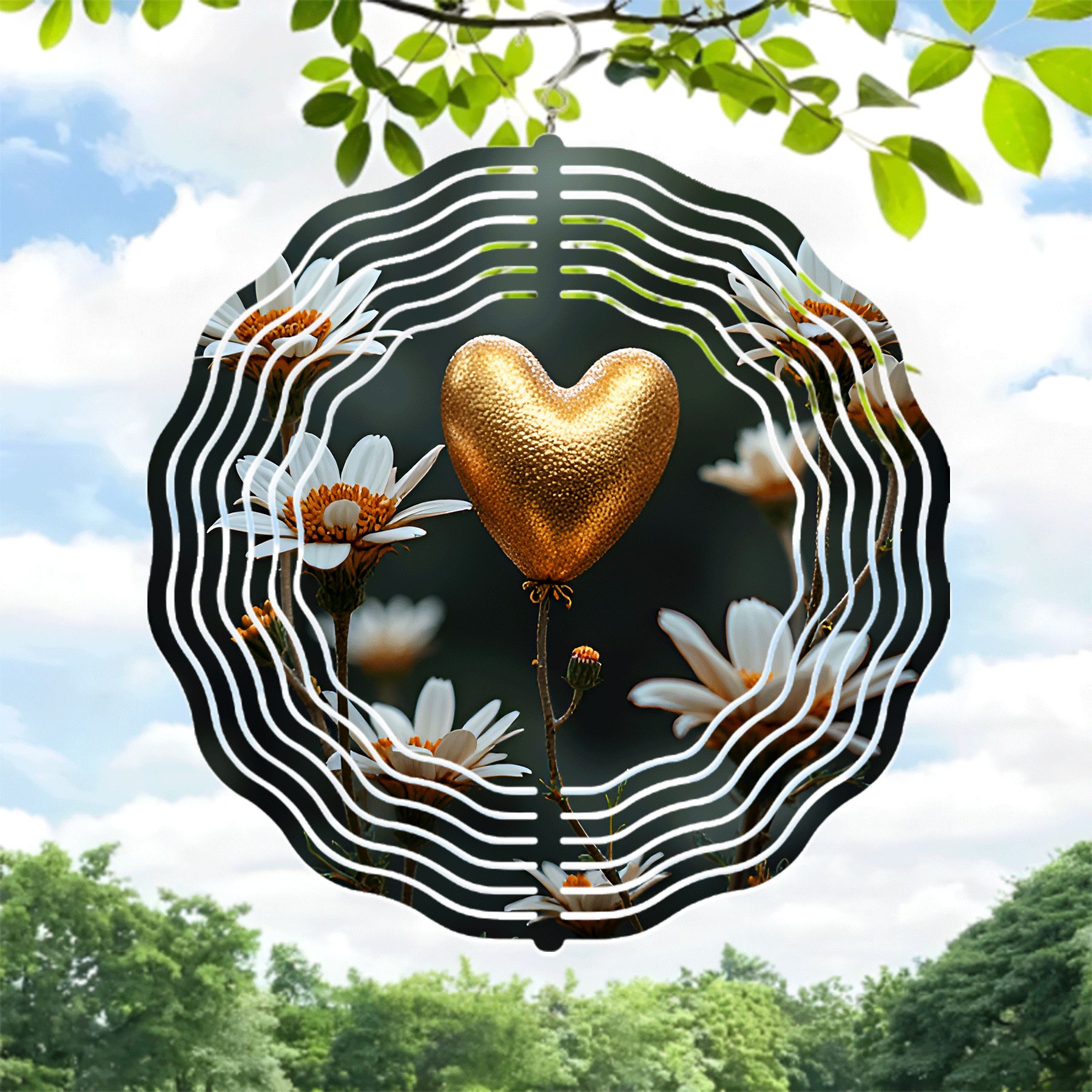 Metal Hanging Wind Spinner with Golden Heart Design Concentric White ...