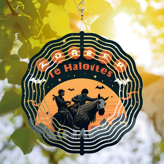 Metal Hanging Wind Spinner with Halloween Theme - Vortex Design Featuring Horse Riders Moon Bats and Colorful Text for Yard & Garden