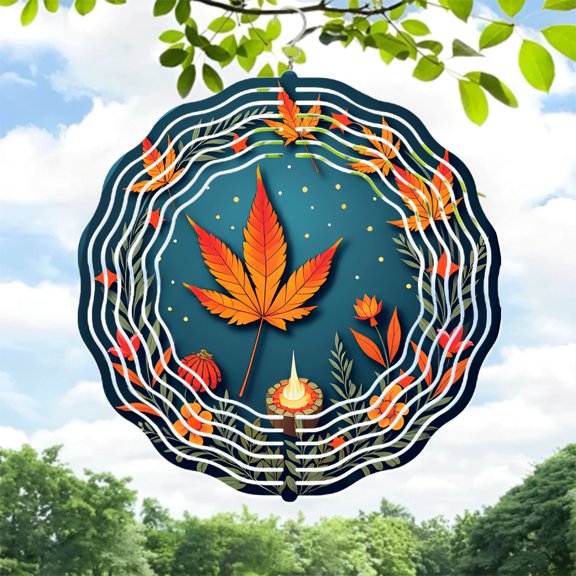 Metal Hanging Wind Spinner with Orange Leaf Design Concentric White Lines and Colorful Floral Accents for Yard and Garden Decor