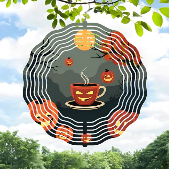 Metal Hanging Wind Spinner with Pumpkin Scene & Full Moon Design - Spiraling White Lines - Perfect for Yard & Garden Decor
