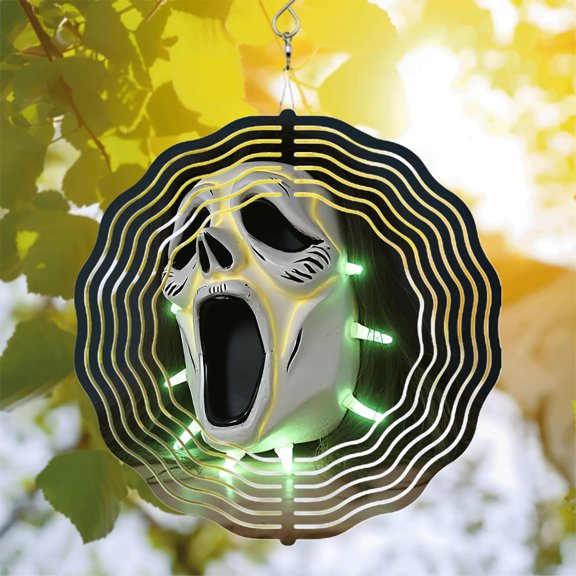 Metal Hanging Wind Spinner with Skull Mask Design - Glowing Green Vibrant Circular Patterns for Yard & Garden Decor