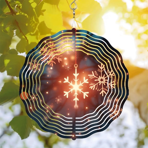 Metal Hanging Wind Spinner with Snowflake Design Concentric White Lines Festive Glow Perfect for Yard and Garden Decor