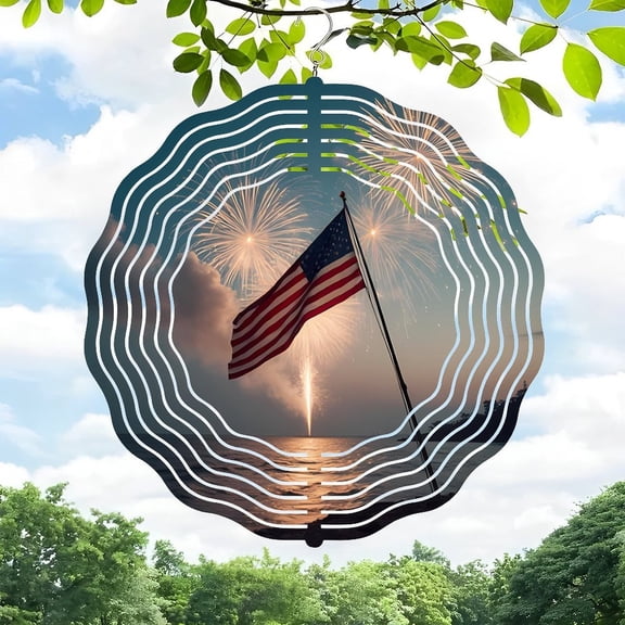 Metal Hanging Wind Spinner with Spiral Design & Fireworks Scene - American Flag Accent for Yard & Garden Decor