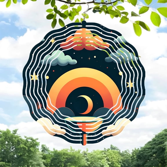 Metal Hanging Wind Spinner with Sun Design Gradient Night Sky with Stars Perfect for Yard & Garden Decor