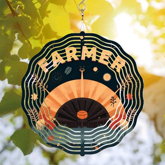 Metal Hanging Wind Spinner with Sun-Inspired Design Radiating Lines and Vibrant ' FARMER ' Text - Perfect for Yard and Garden Decor