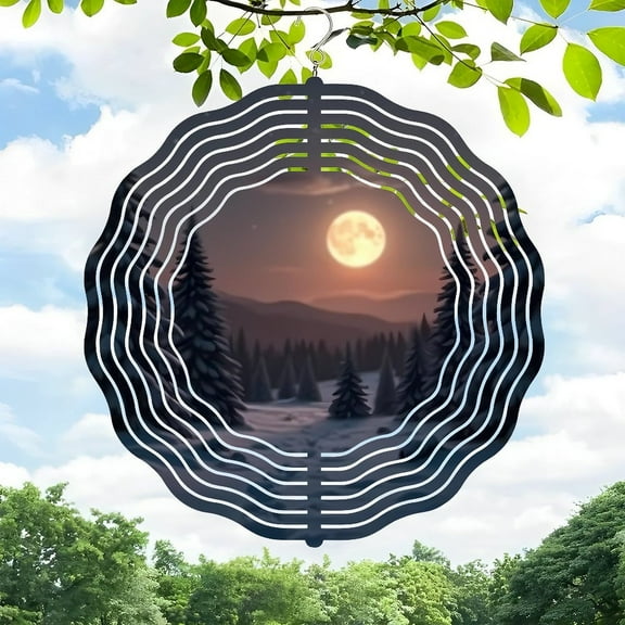 Metal Hanging Wind Spinner with Wave - Like Pattern Serene Winter Landscape & Moon Design - Perfect for Yard & Garden Decor