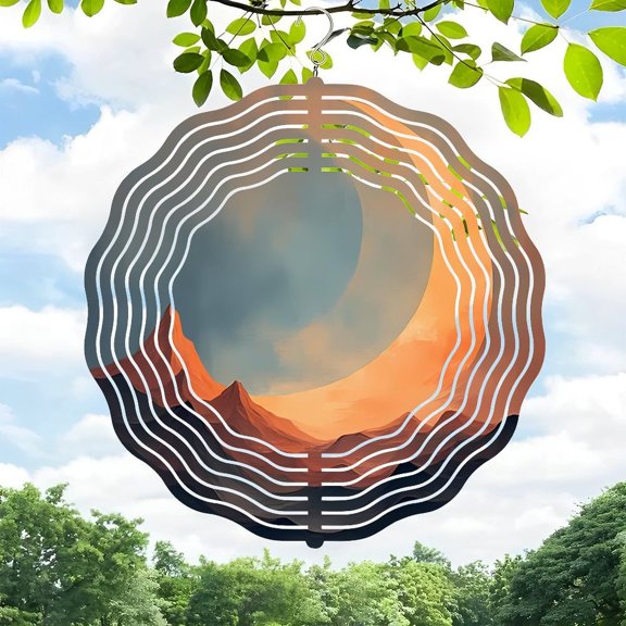 Metal Hanging Wind Spinner with Wave Pattern Design - Concentric Lines Mountain Landscape and Moon - Perfect for Yard and Garden Decor