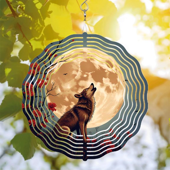 Metal Hanging Wind Spinner with Wolf at Moon Design Circular Pattern with Concentric Rings Perfect for Yard & Garden Decor
