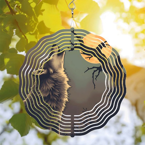 Metal Hanging Wind Spinner with Wolf at Moon Design - Mystical Yard and Garden Decor Perfect for Wind Chimes and Outdoor Spaces