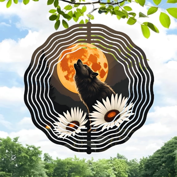 Metal Hanging Wind Spinner with Wolf at Moon Surrounded by Floral Patterns - Unique Garden Decor for Yard and Outdoor Spaces