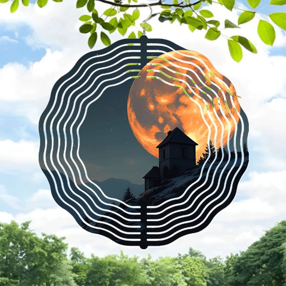 Metal Hanging Wind Spinners & Chimes - Abstract Wavy Design for Yard & Garden Serene Night Scene with Moon & Stars