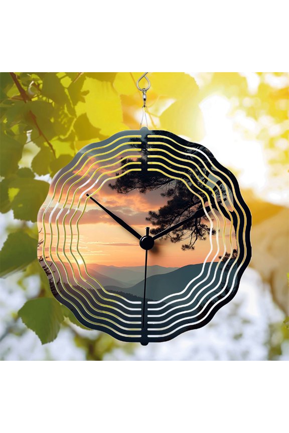 Metal Hanging Wind Spinners & Chimes - Artistic Sunset Mountain Design with Pine Trees & Modern Wave Patterns for Yard & Garden Decor