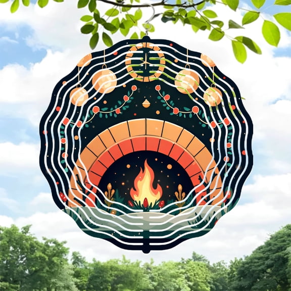 Metal Hanging Wind Spinners & Chimes - Circular Design with Lanterns & Wreath Warm Fire Motif Perfect for Yard & Garden Decor