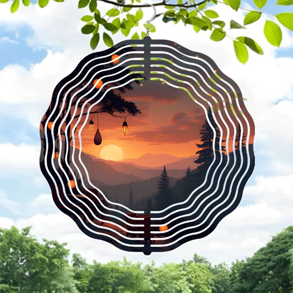 Metal Hanging Wind Spinners & Chimes - Circular Pattern Design for Yard & Garden Illuminated Lanterns Serene Sunset Vibes