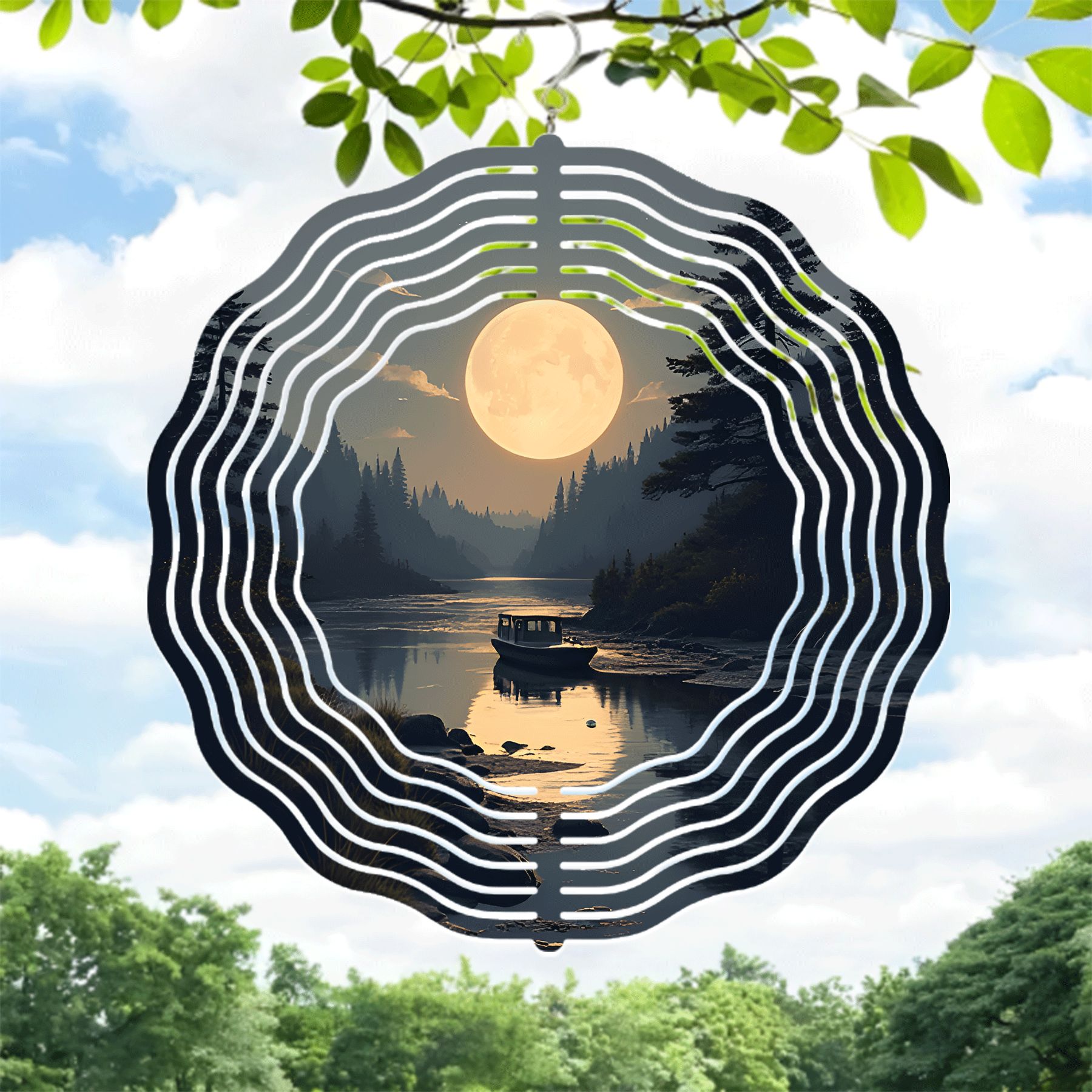 Reflection Tree Hanging Metal Hanging Wind Spinners & Chimes - Elegant Pine Tree Design Moonlit ...
