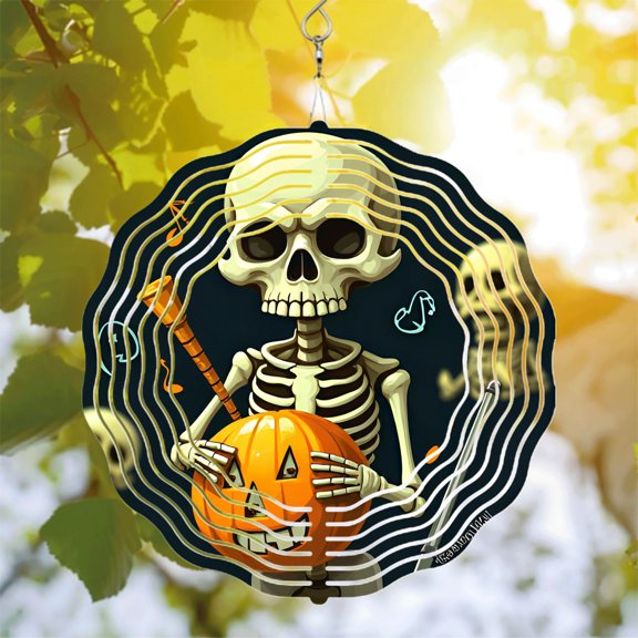 Metal Hanging Wind Spinners & Chimes - Festive Skeleton & Pumpkin Design Musical Notes Perfect for Yard & Garden Decor
