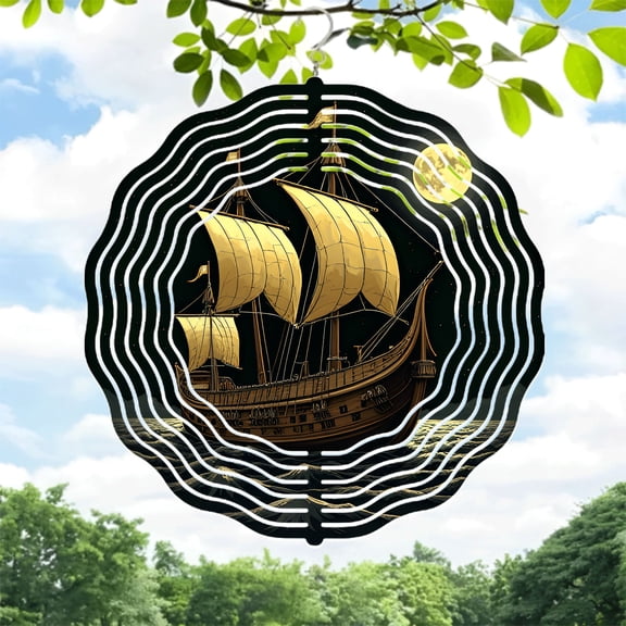 Metal Hanging Wind Spinners & Chimes - Intricate Wave Patterns & Golden Sail Design for Enchanting Yard & Garden Decor