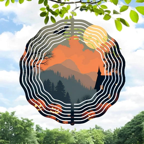 Metal Hanging Wind Spinners & Chimes - Mountain Silhouette with Moon & Trees Design for Yard & Garden Decor Perfect for Fall