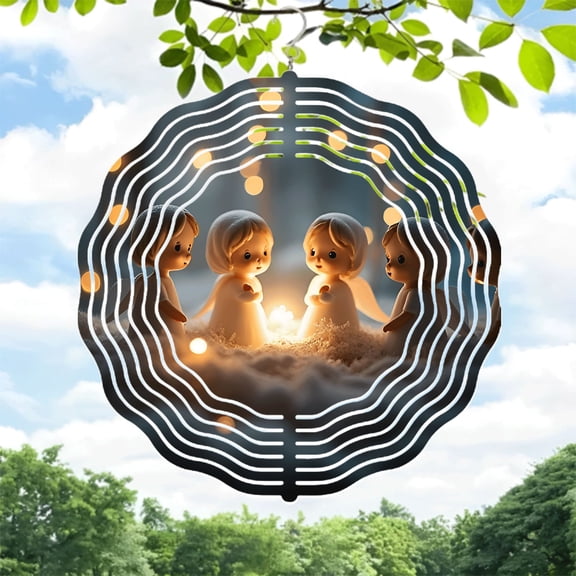 Metal Hanging Wind Spinners & Chimes - Serene Angel Design for Yard & Garden Illuminated with Soft Glowing Lights Tranquil Atmosphere