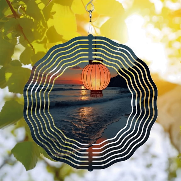 Metal Hanging Wind Spinners & Chimes - Serene Beach Sunset Design with Concentric Wave Patterns for Yard & Garden Decor