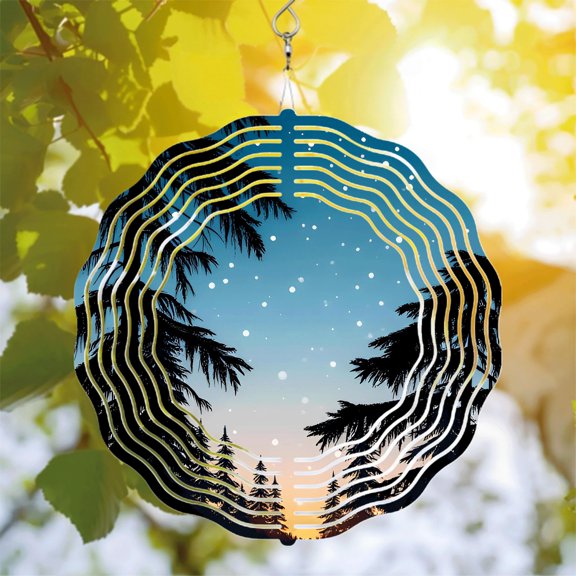 Metal Hanging Wind Spinners & Chimes - Serene Starry Night Design with Silhouetted Trees & Snowflakes for Yard & Garden Decor