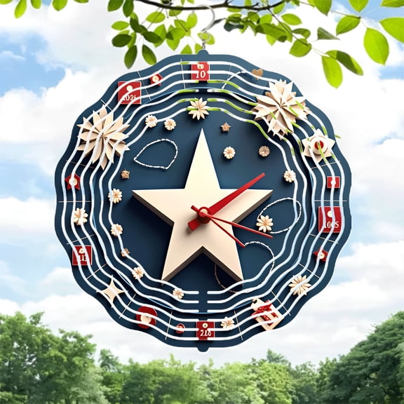 Metal Hanging Wind Spinners & Chimes - Star-Shaped Clock Design with Musical Notes & Floral Patterns for Yard & Garden Decor