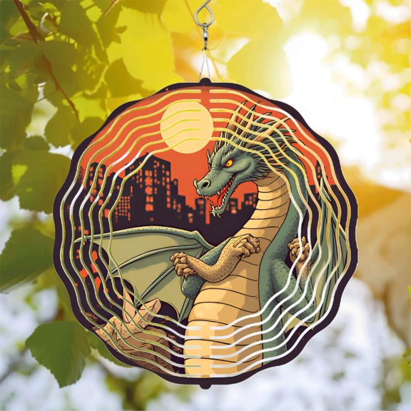 Metal Hanging Wind Spinners & Chimes - Stunning Dragon Design with Radiating Lines for Yard & Garden Decor Perfect for Sunset Views