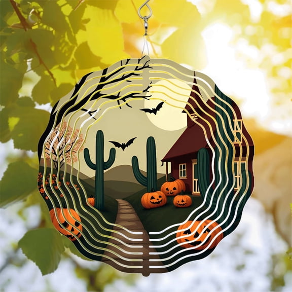 Metal Hanging Wind Spinners & Chimes - Whimsical Cactus & Pumpkin Design for Yard & Garden - Perfect for Halloween Decor