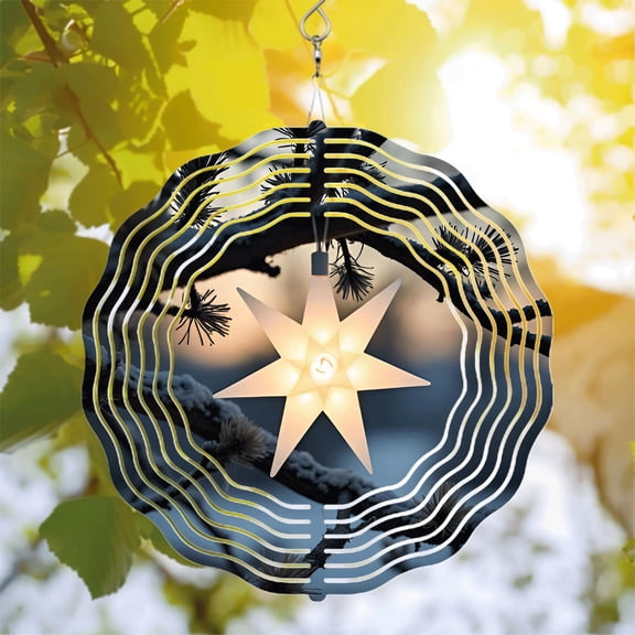 Metal Hanging Wind Spinners & Chimes for Yard & Garden - Decorative Star with Concentric Ripple Patterns Illuminated Glow