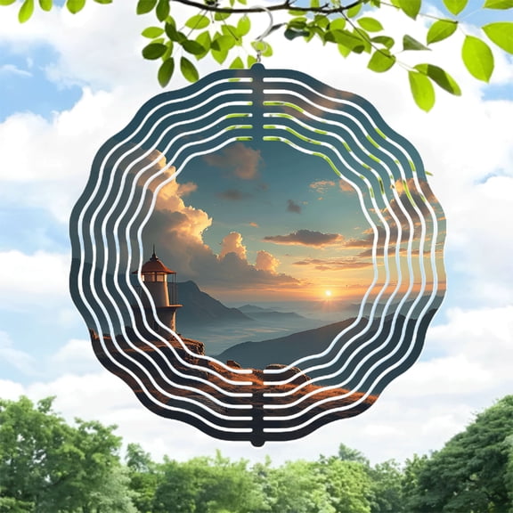 Metal Hanging Wind Spinners & Chimes for Yard & Garden - Elegant Lighthouse Design with Dramatic Cloud Patterns Perfect for Outdoor Serenity