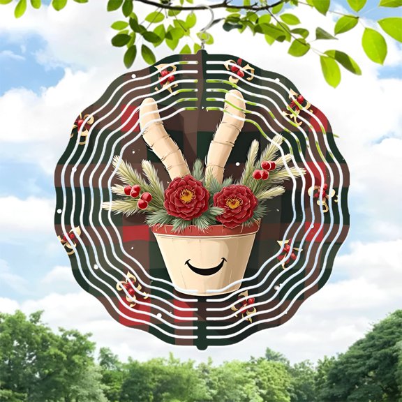 Metal Hanging Wind Spinners & Chimes for Yard & Garden - Festive Wreath Design with Red Flowers & Green Pine Rustic Background