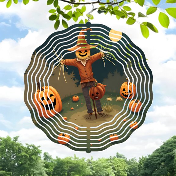 Metal Hanging Wind Spinners & Chimes for Yard & Garden - Whimsical Halloween Design with Scarecrow & Pumpkins Perfect for Fall Decor
