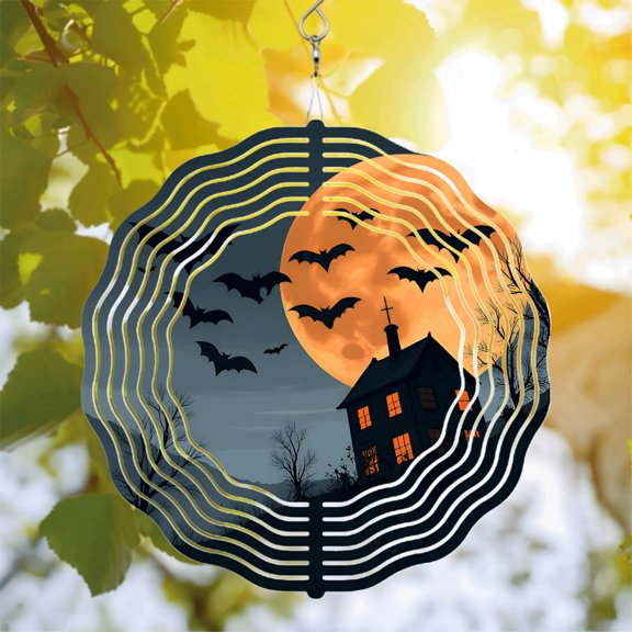 Metal Hanging Wind Spinners - Circular Pattern Full Moon & Bats - Perfect for Yard & Garden Decor